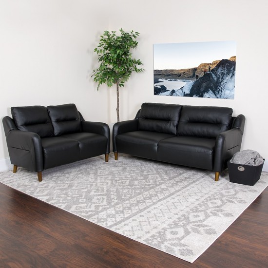 Newton Hill Upholstered Bustle Back Loveseat and Sofa Set in Black LeatherSoft