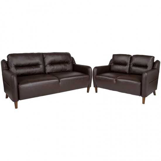 Newton Hill Upholstered Bustle Back Loveseat and Sofa Set in Brown LeatherSoft