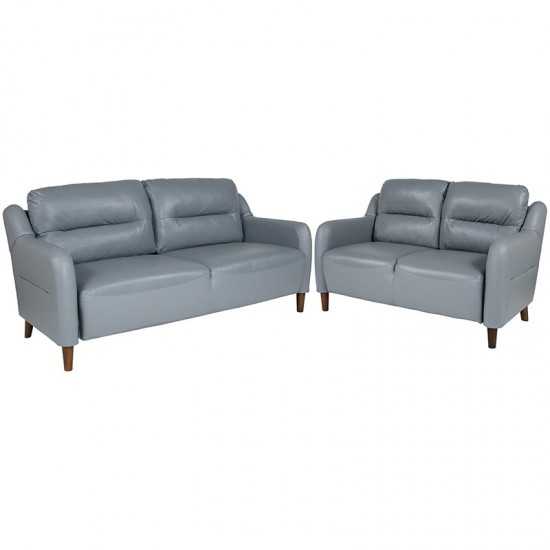 Newton Hill Upholstered Bustle Back Loveseat and Sofa Set in Gray LeatherSoft