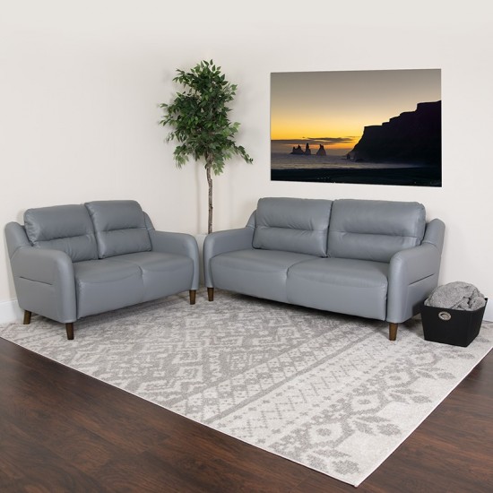 Newton Hill Upholstered Bustle Back Loveseat and Sofa Set in Gray LeatherSoft