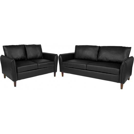 Milton Park Upholstered Plush Pillow Back Loveseat and Sofa Set in Black LeatherSoft