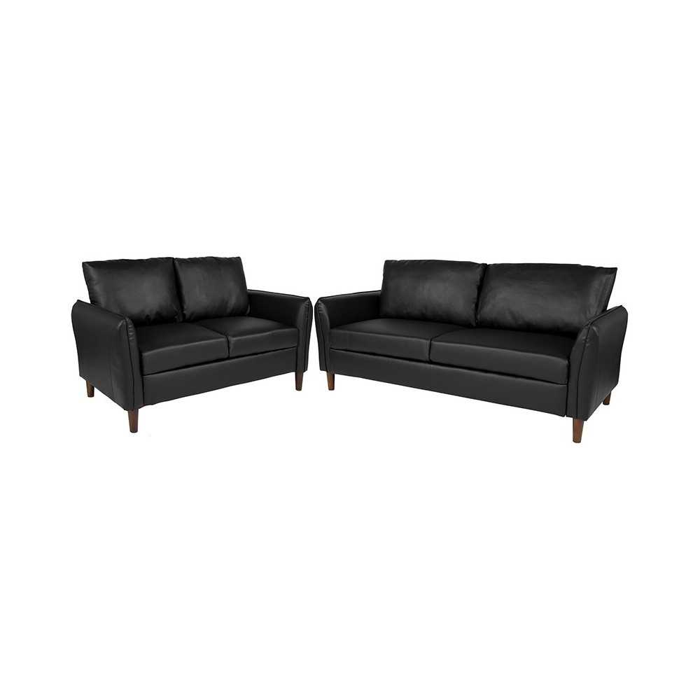 Milton Park Upholstered Plush Pillow Back Loveseat and Sofa Set in Black LeatherSoft