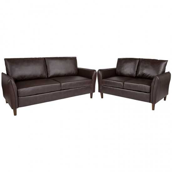 Milton Park Upholstered Plush Pillow Back Loveseat and Sofa Set in Brown LeatherSoft