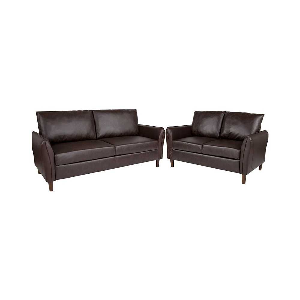 Milton Park Upholstered Plush Pillow Back Loveseat and Sofa Set in Brown LeatherSoft