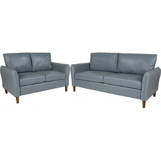 Milton Park Upholstered Plush Pillow Back Loveseat and Sofa Set in Gray LeatherSoft