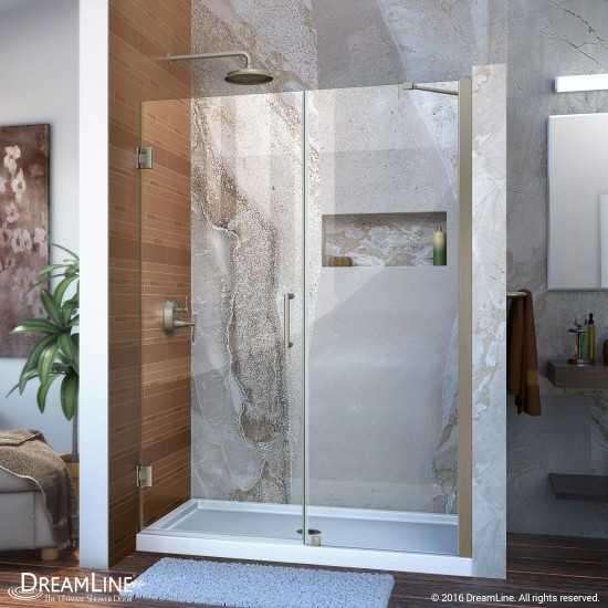 Unidoor 47-48 in. W x 72 in. H Frameless Hinged Shower Door with Support Arm in Brushed Nickel