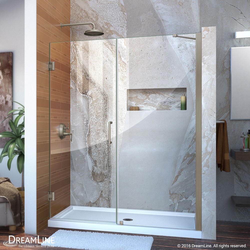 Unidoor 53-54 in. W x 72 in. H Frameless Hinged Shower Door with Support Arm in Brushed Nickel