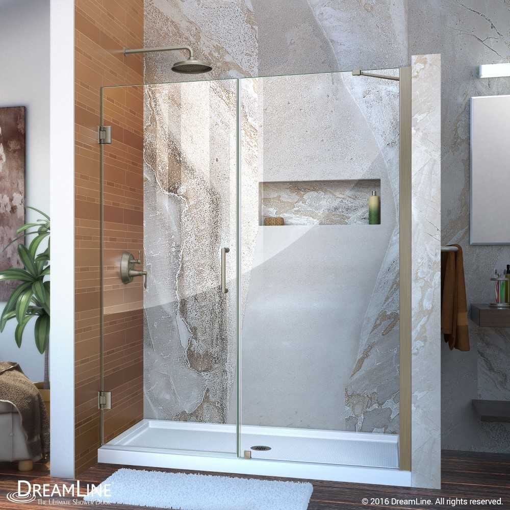 Unidoor 54-55 in. W x 72 in. H Frameless Hinged Shower Door with Support Arm in Brushed Nickel