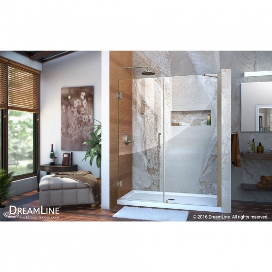 Unidoor 55-56 in. W x 72 in. H Frameless Hinged Shower Door with Support Arm in Brushed Nickel