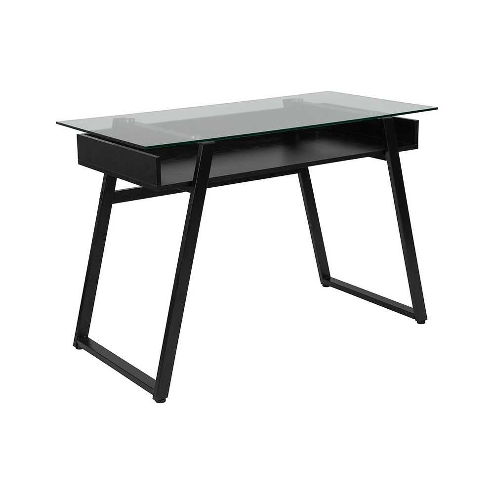 Huntley Glass Computer Desk with Shelf and Black Metal Legs