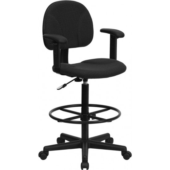 Black Patterned Fabric Drafting Chair with Adjustable Arms (Cylinders: 22.5''-27''H or 26''-30.5''H)