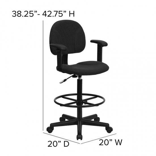 Black Patterned Fabric Drafting Chair with Adjustable Arms (Cylinders: 22.5''-27''H or 26''-30.5''H)