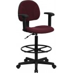 Burgundy Fabric Drafting Chair with Adjustable Arms (Cylinders: 22.5''-27''H or 26''-30.5''H)