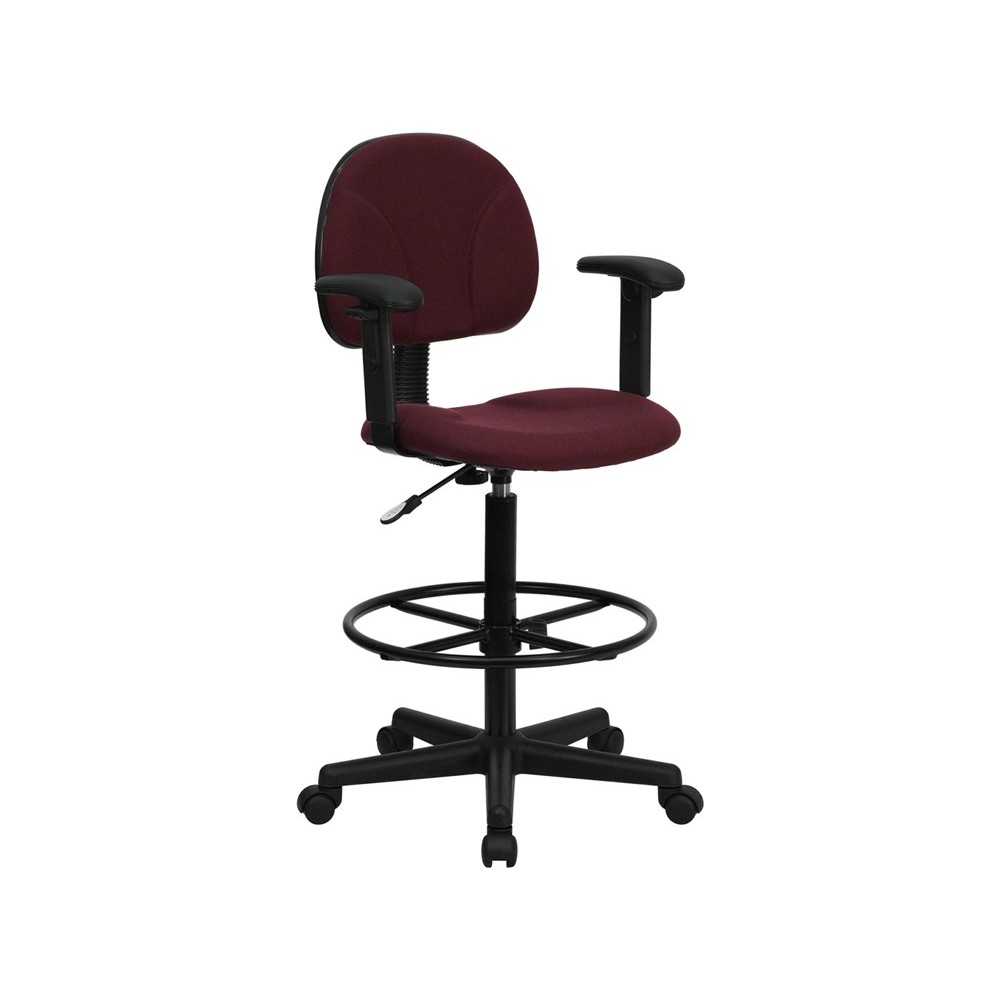 Burgundy Fabric Drafting Chair with Adjustable Arms (Cylinders: 22.5''-27''H or 26''-30.5''H)