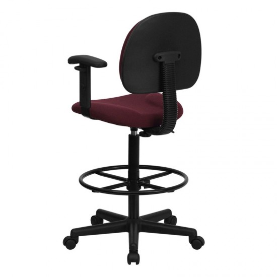 Burgundy Fabric Drafting Chair with Adjustable Arms (Cylinders: 22.5''-27''H or 26''-30.5''H)