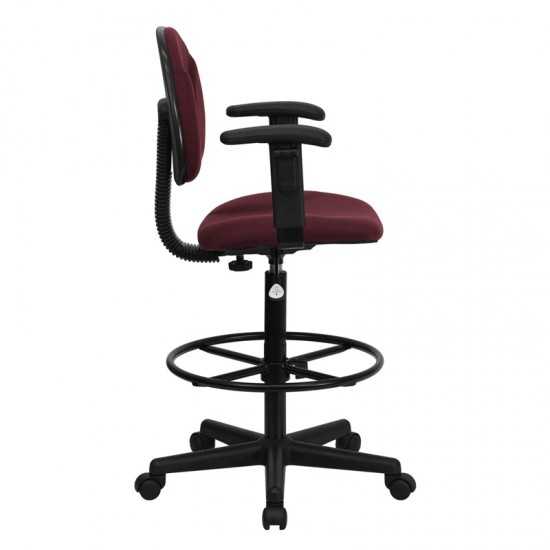 Burgundy Fabric Drafting Chair with Adjustable Arms (Cylinders: 22.5''-27''H or 26''-30.5''H)