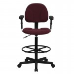 Burgundy Fabric Drafting Chair with Adjustable Arms (Cylinders: 22.5''-27''H or 26''-30.5''H)