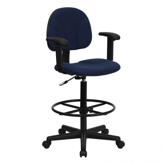 Navy Blue Patterned Fabric Drafting Chair with Adjustable Arms (Cylinders: 22.5''-27''H or 26''-30.5''H)