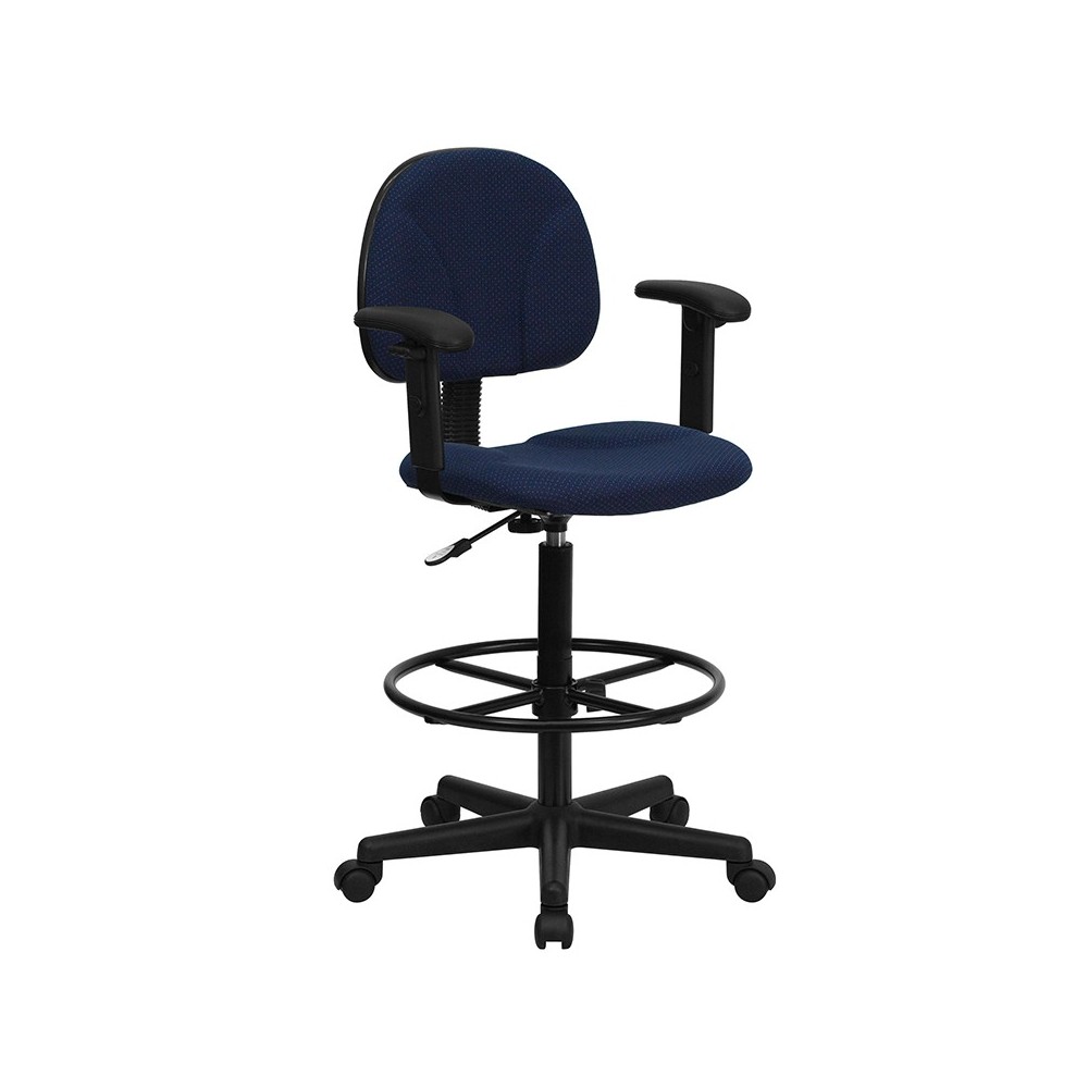 Navy Blue Patterned Fabric Drafting Chair with Adjustable Arms (Cylinders: 22.5''-27''H or 26''-30.5''H)