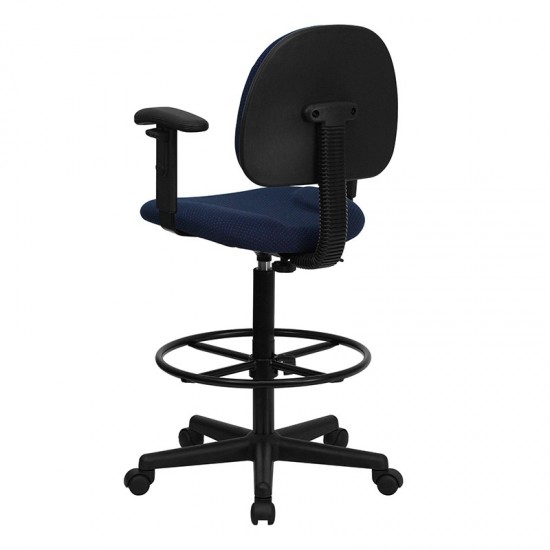 Navy Blue Patterned Fabric Drafting Chair with Adjustable Arms (Cylinders: 22.5''-27''H or 26''-30.5''H)