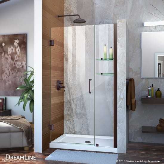 Unidoor 37-38 in. W x 72 in. H Frameless Hinged Shower Door with Shelves in Oil Rubbed Bronze