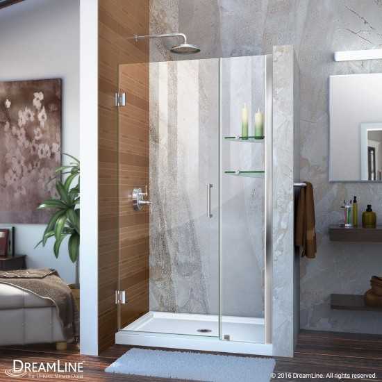 Unidoor 38-39 in. W x 72 in. H Frameless Hinged Shower Door with Shelves in Chrome