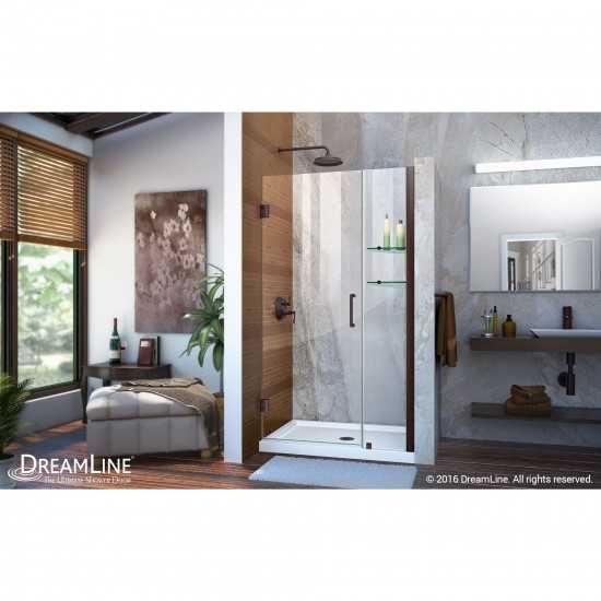 Unidoor 38-39 in. W x 72 in. H Frameless Hinged Shower Door with Shelves in Oil Rubbed Bronze