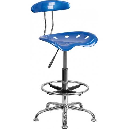 Vibrant Bright Blue and Chrome Drafting Stool with Tractor Seat