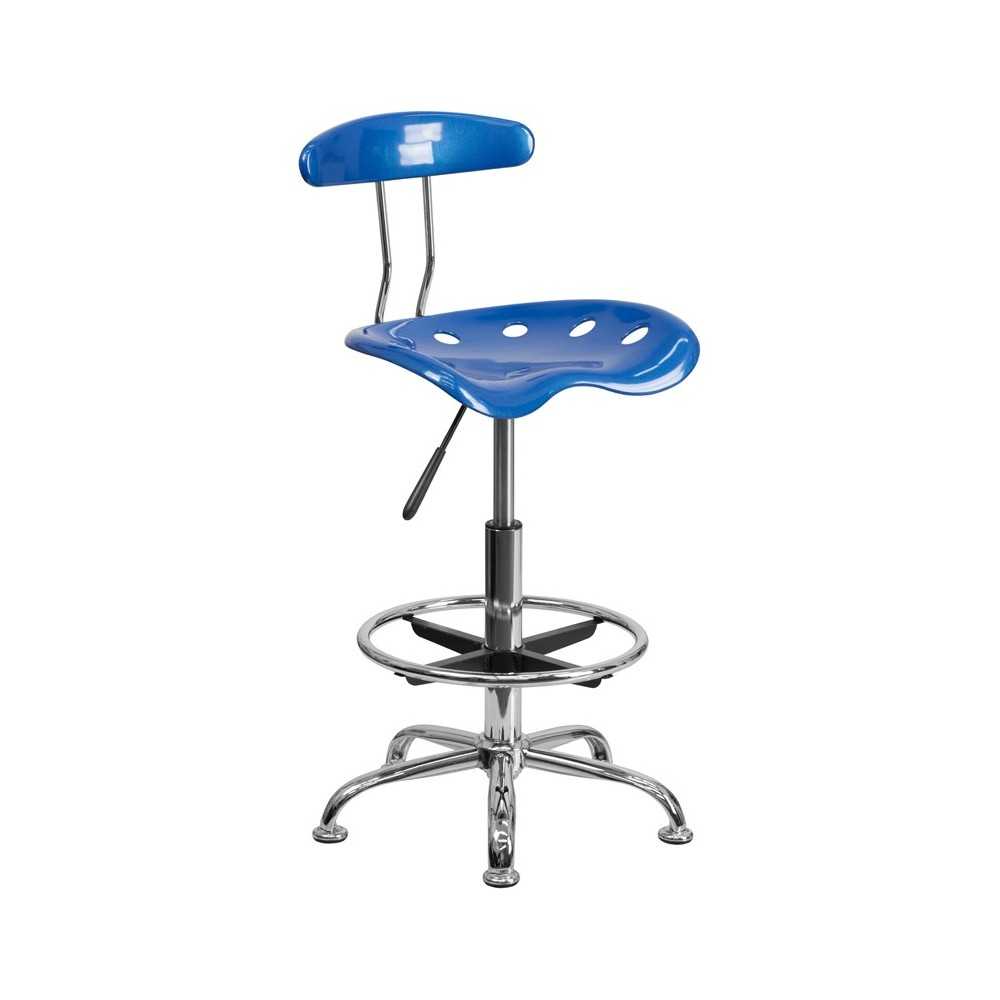 Vibrant Bright Blue and Chrome Drafting Stool with Tractor Seat