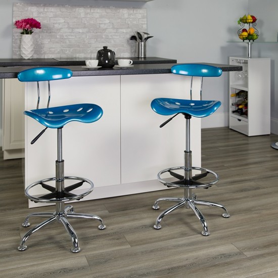 Vibrant Bright Blue and Chrome Drafting Stool with Tractor Seat