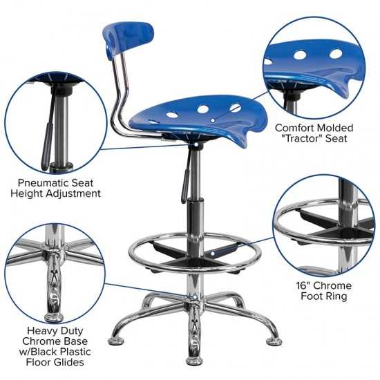 Vibrant Bright Blue and Chrome Drafting Stool with Tractor Seat