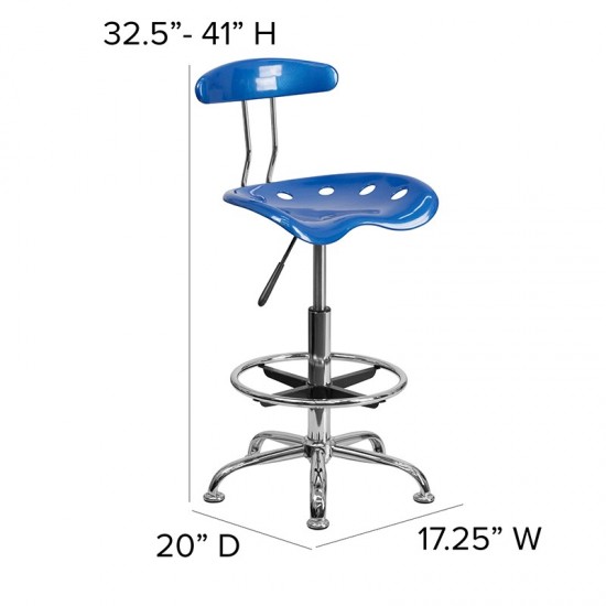 Vibrant Bright Blue and Chrome Drafting Stool with Tractor Seat