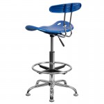 Vibrant Bright Blue and Chrome Drafting Stool with Tractor Seat