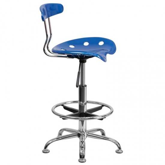 Vibrant Bright Blue and Chrome Drafting Stool with Tractor Seat