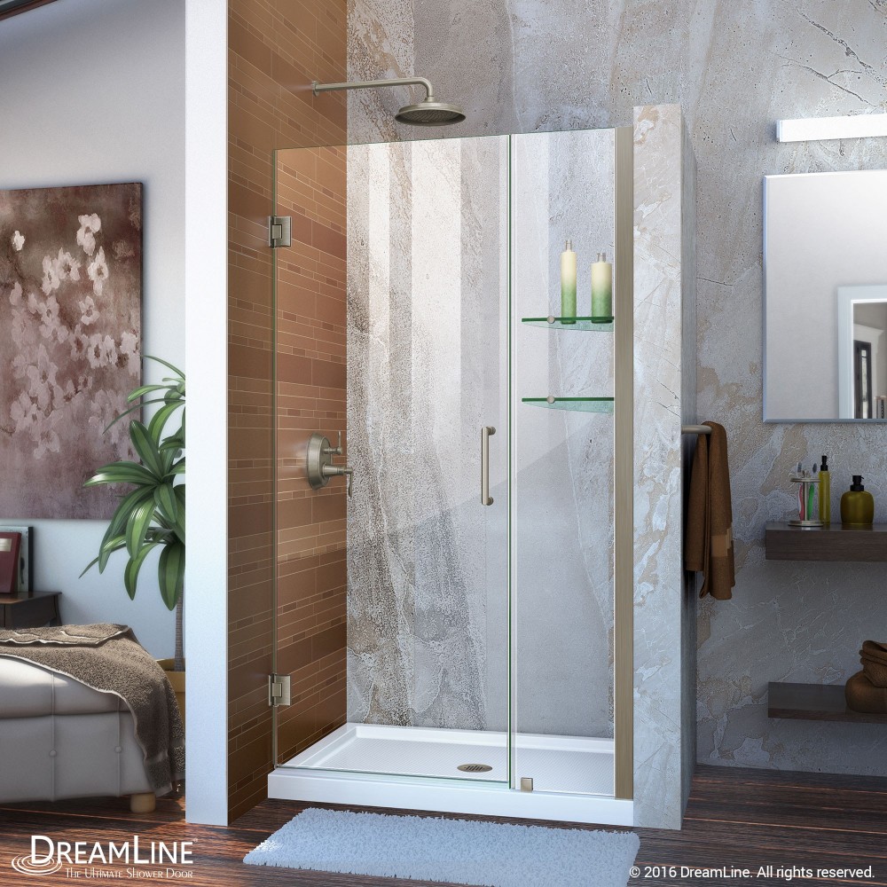 Unidoor 40-41 in. W x 72 in. H Frameless Hinged Shower Door with Shelves in Brushed Nickel