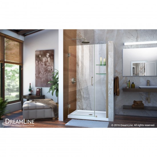 Unidoor 40-41 in. W x 72 in. H Frameless Hinged Shower Door with Shelves in Brushed Nickel
