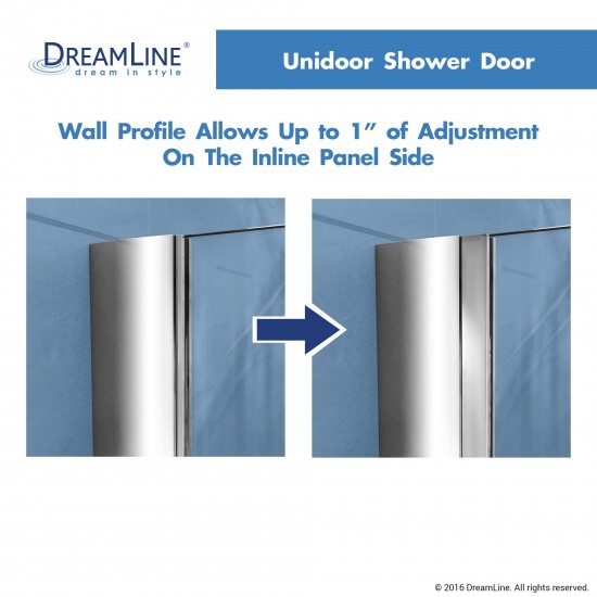 Unidoor 41-42 in. W x 72 in. H Frameless Hinged Shower Door with Shelves in Brushed Nickel