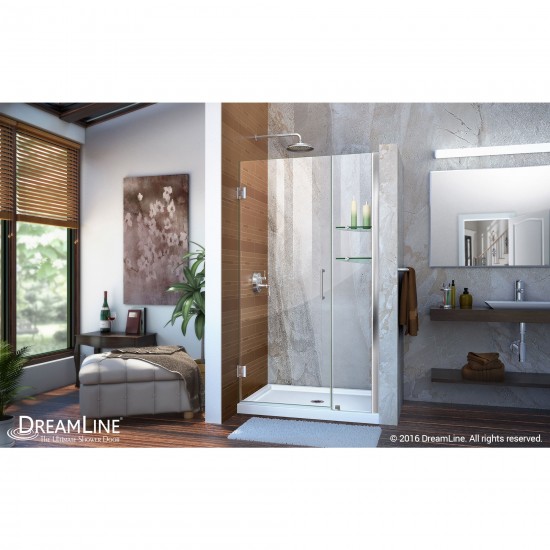 Unidoor 42-43 in. W x 72 in. H Frameless Hinged Shower Door with Shelves in Chrome