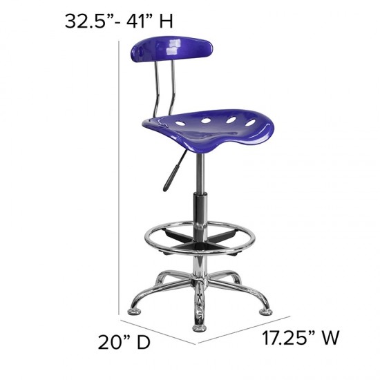 Vibrant Deep Blue and Chrome Drafting Stool with Tractor Seat