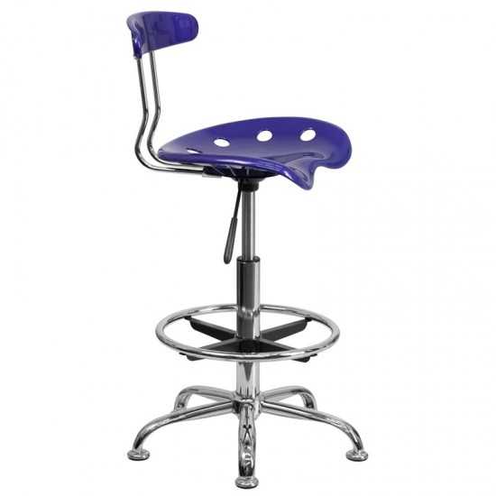 Vibrant Deep Blue and Chrome Drafting Stool with Tractor Seat