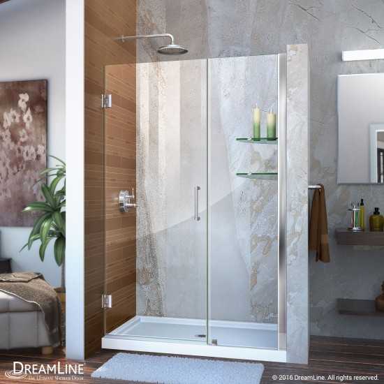 Unidoor 41-42 in. W x 72 in. H Frameless Hinged Shower Door with Shelves in Chrome