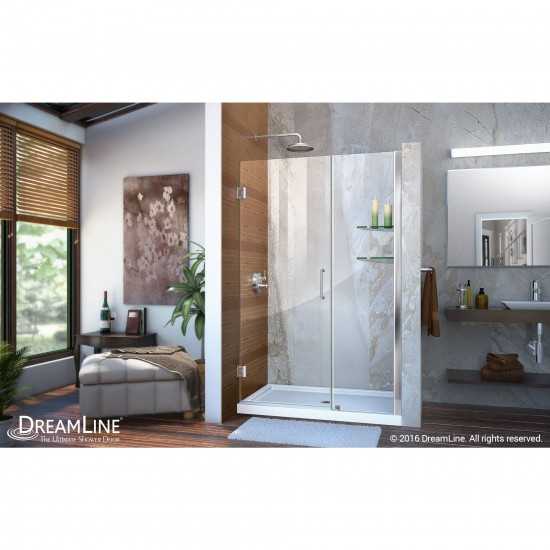 Unidoor 42-43 in. W x 72 in. H Frameless Hinged Shower Door with Shelves in Chrome