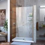 Unidoor 42-43 in. W x 72 in. H Frameless Hinged Shower Door with Shelves in Brushed Nickel