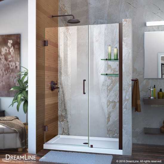 Unidoor 42-43 in. W x 72 in. H Frameless Hinged Shower Door with Shelves in Oil Rubbed Bronze