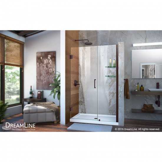 Unidoor 42-43 in. W x 72 in. H Frameless Hinged Shower Door with Shelves in Oil Rubbed Bronze