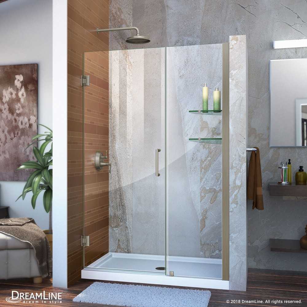 Unidoor 44-45 in. W x 72 in. H Frameless Hinged Shower Door with Shelves in Brushed Nickel