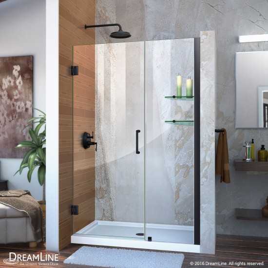 Unidoor 43-44 in. W x 72 in. H Frameless Hinged Shower Door with Shelves in Satin Black