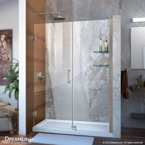 Unidoor 47-48 in. W x 72 in. H Frameless Hinged Shower Door with Shelves in Brushed Nickel