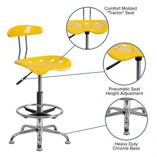 Vibrant Yellow and Chrome Drafting Stool with Tractor Seat