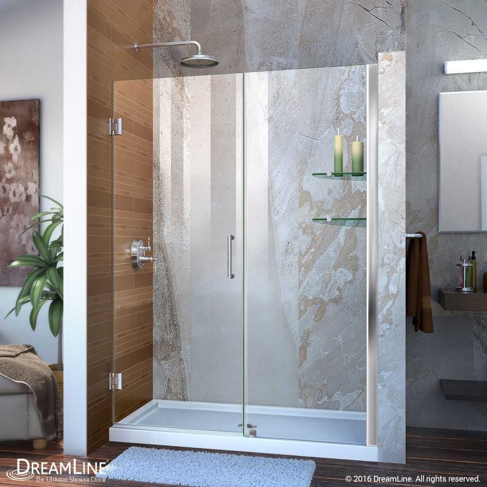 Unidoor 50-51 in. W x 72 in. H Frameless Hinged Shower Door with Shelves in Chrome